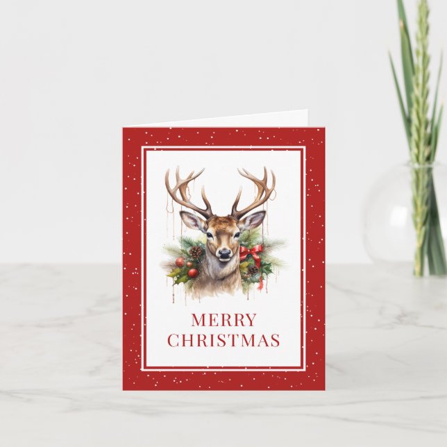 Cartes Pour Fêtes Annuelles Aquarelle Cerf Pine Holly Rouge Joyeux Noël (Devant)