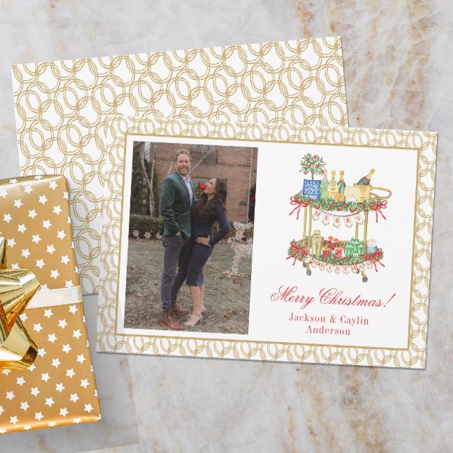 Cartes Pour Fêtes Annuelles Aquarelle Champagne Bar Panier Photo de Noël (Créateur téléchargé)
