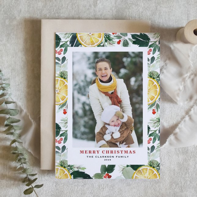Cartes Pour Fêtes Annuelles Aquarelle Citron et verdure Photo Noël (Customizable Photo Christmas Card with Watercolor Lemon, Holly, and Winter Greenery)