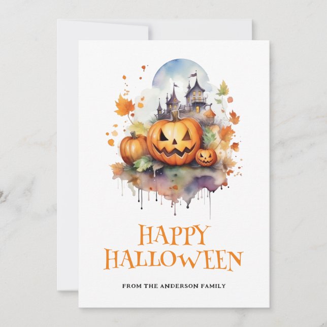 Cartes Pour Fêtes Annuelles Aquarelle Citrouilles Éffrayants Maison Hantée Hal (Devant)