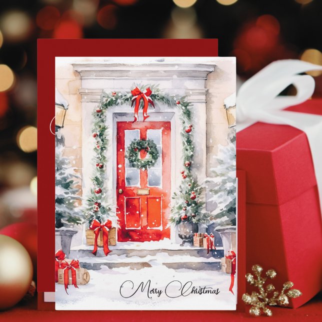 Cartes Pour Fêtes Annuelles Aquarelle classique Porte rouge Vert couronne Noël (Créateur téléchargé)