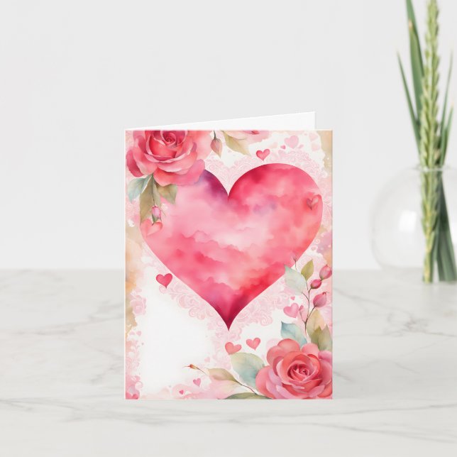 Cartes Pour Fêtes Annuelles Aquarelle Coeurs et Rose Romantique Saint-Valentin (Devant)