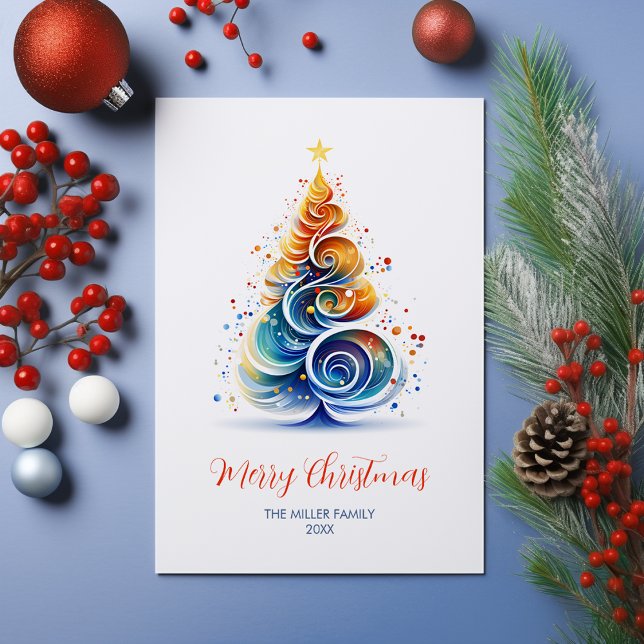 Cartes Pour Fêtes Annuelles Aquarelle colorée Arbre de Noël personnalisable (Créateur téléchargé)