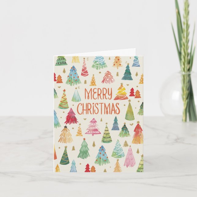 Cartes Pour Fêtes Annuelles Aquarelle Colorée Arbres de Noël pliés (Devant)