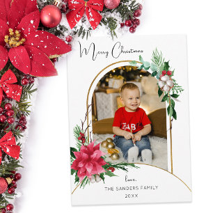 Cartes Pour Fêtes Annuelles Aquarelle colorée Poinsettias, Pin & Arc Photo