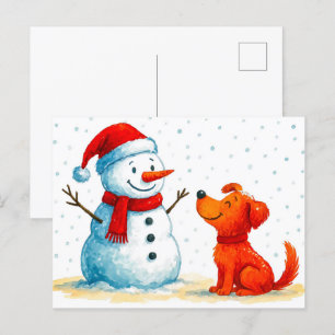 Cartes Pour Fêtes Annuelles Aquarelle Comique Chien avec Snowman en hiver