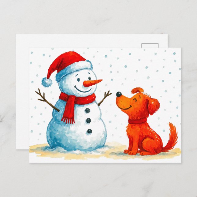 Cartes Pour Fêtes Annuelles Aquarelle Comique Chien avec Snowman en hiver (Devant / Derrière)