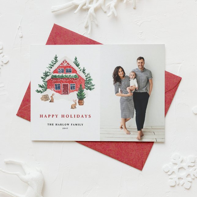 Cartes Pour Fêtes Annuelles Aquarelle confortable Cabine d'hiver rouge en neig (Festive photo holiday card featuring watercolor red cabin, evergreens, rabbits, and custom text.)