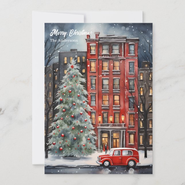 Cartes Pour Fêtes Annuelles Aquarelle cosy festif Noël arbre de ville (Devant)