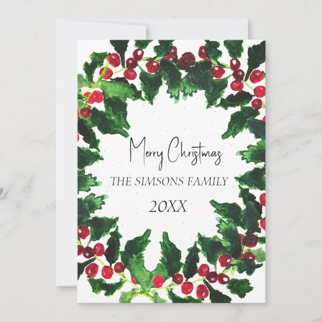 Cartes Pour Fêtes Annuelles Aquarelle couronne de Noël Joyeux et lumineux (Devant)