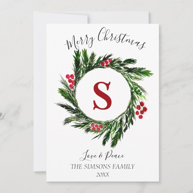 Cartes Pour Fêtes Annuelles Aquarelle couronne de Noël Joyeux et lumineux (Devant)