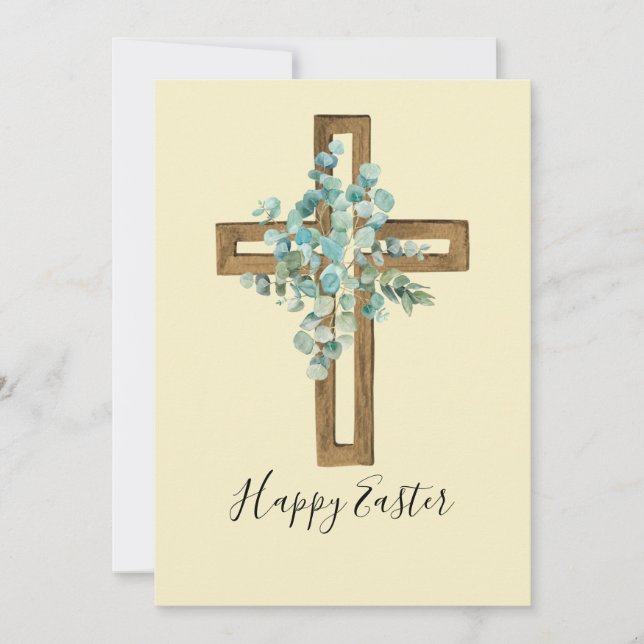 Cartes Pour Fêtes Annuelles Aquarelle Croix de Pâques et Eucalyptus (Devant)