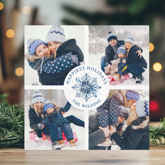 Cartes Pour Fêtes Annuelles Aquarelle Crystal Blue Snowflake 4 Photo Collage (Créateur téléchargé)