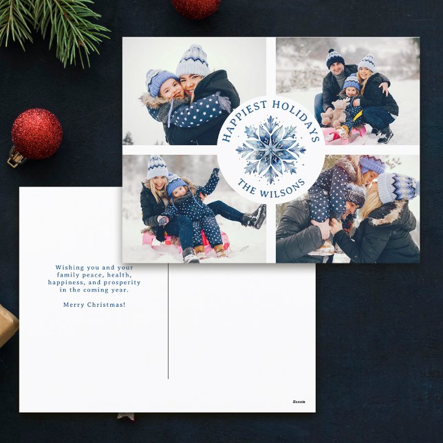 Cartes Pour Fêtes Annuelles Aquarelle Crystal Blue Snowflake 4 Photo Collage (Créateur téléchargé)