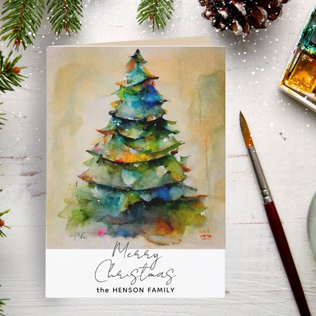 Cartes Pour Fêtes Annuelles Aquarelle de fête Arbre de Noël Dessin artistique (Créateur téléchargé)