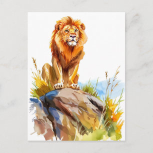 Cartes Pour Fêtes Annuelles Aquarelle de lion assise sur un rocher