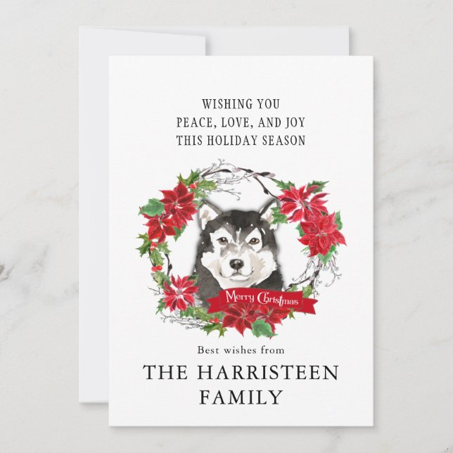 Cartes Pour Fêtes Annuelles Aquarelle de malamute Alaskan Poinsettia Noël (Devant)