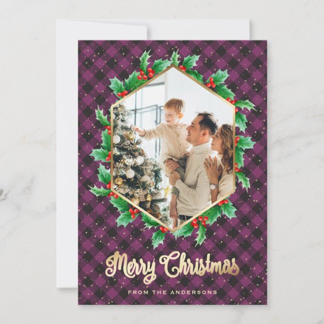 Cartes Pour Fêtes Annuelles Aquarelle de neige dorée violette photo Noël (Devant)