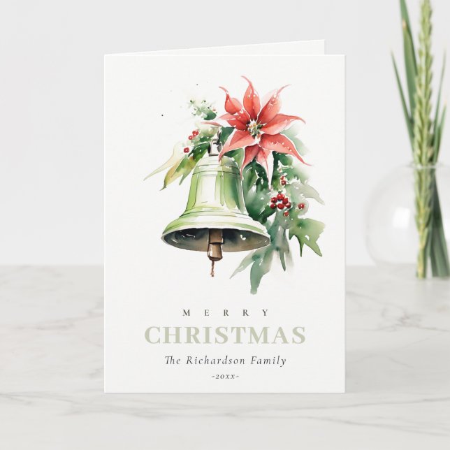 Cartes Pour Fêtes Annuelles Aquarelle de Noël Bell Pine Poinsettia Folithe (Devant)
