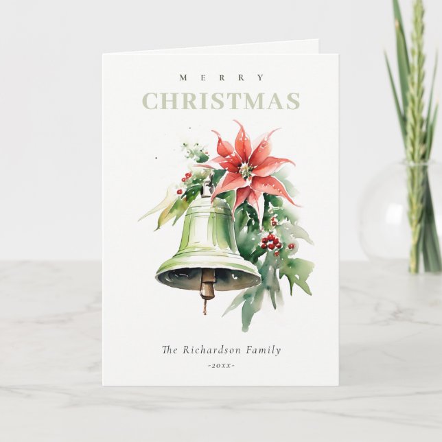 Cartes Pour Fêtes Annuelles Aquarelle de Noël Bell Pine Poinsettia Folithe (Devant)