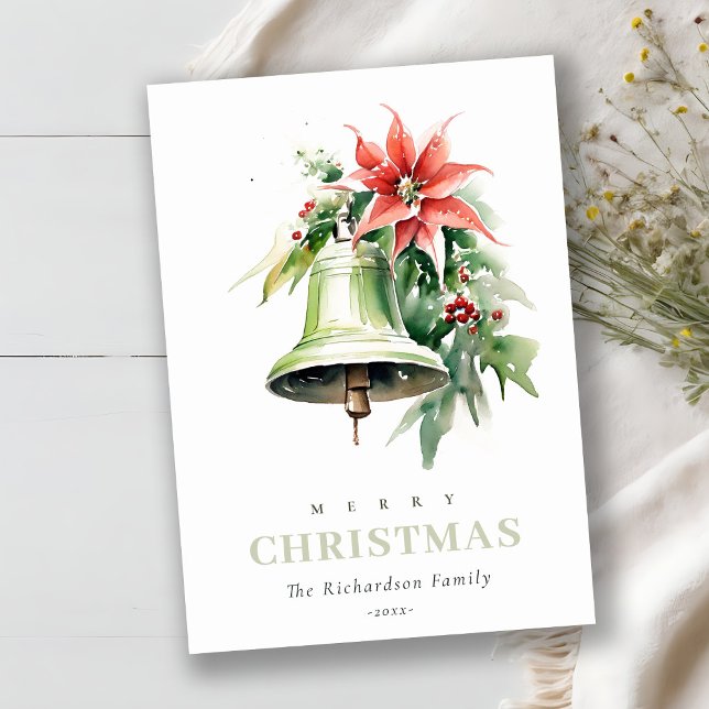 Cartes Pour Fêtes Annuelles Aquarelle de Noël Bell Pine Poinsettia Folithe (Créateur téléchargé)