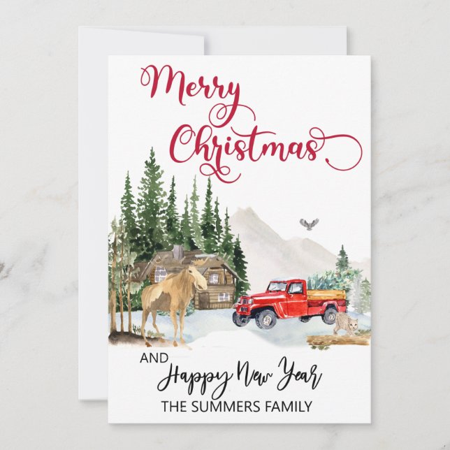 Cartes Pour Fêtes Annuelles Aquarelle de Noël Camion d'hiver Moose Woods (Devant)