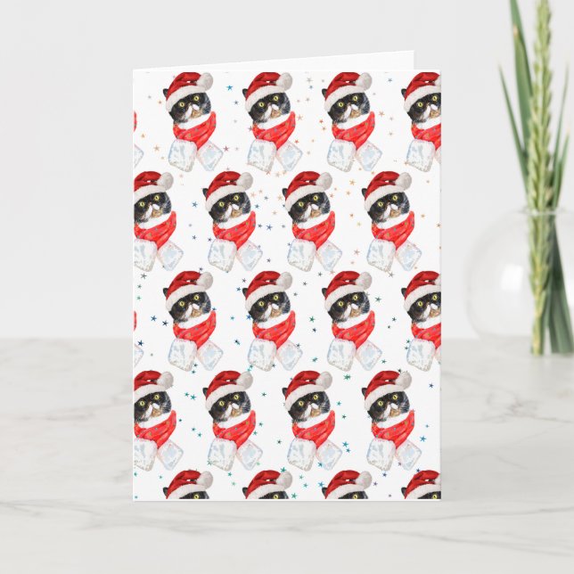 Cartes Pour Fêtes Annuelles Aquarelle de Noël Chat Tricolée avec Écharpe (Devant)