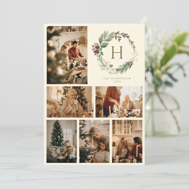 Cartes Pour Fêtes Annuelles Aquarelle de Noël couronne Monogramme photo Collag (Debout devant)