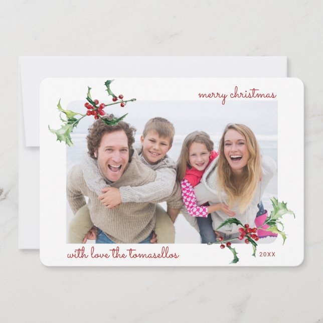 Cartes Pour Fêtes Annuelles Aquarelle de Noël Holly Berries Script Photo (Devant)