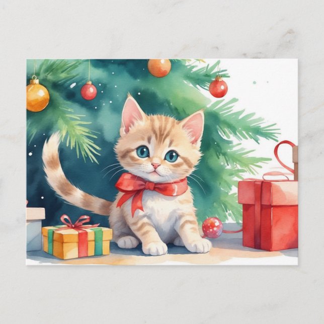 Cartes Pour Fêtes Annuelles Aquarelle de Noël mignonne Orange Tabby Kitten (Devant)