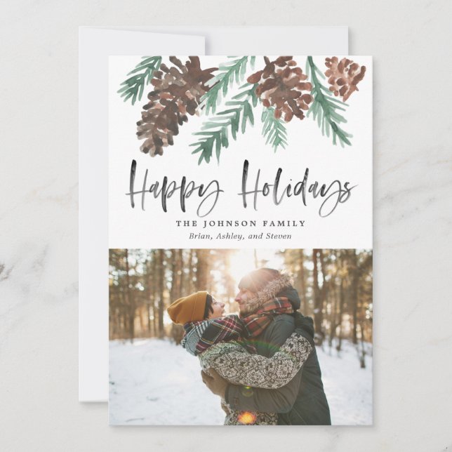 Cartes Pour Fêtes Annuelles Aquarelle de Noël Pinecone Joyeuses vacances Photo (Devant)