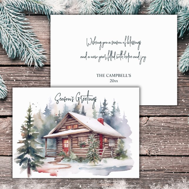Cartes Pour Fêtes Annuelles Aquarelle de Noël rustique Cabine de bois (Créateur téléchargé)