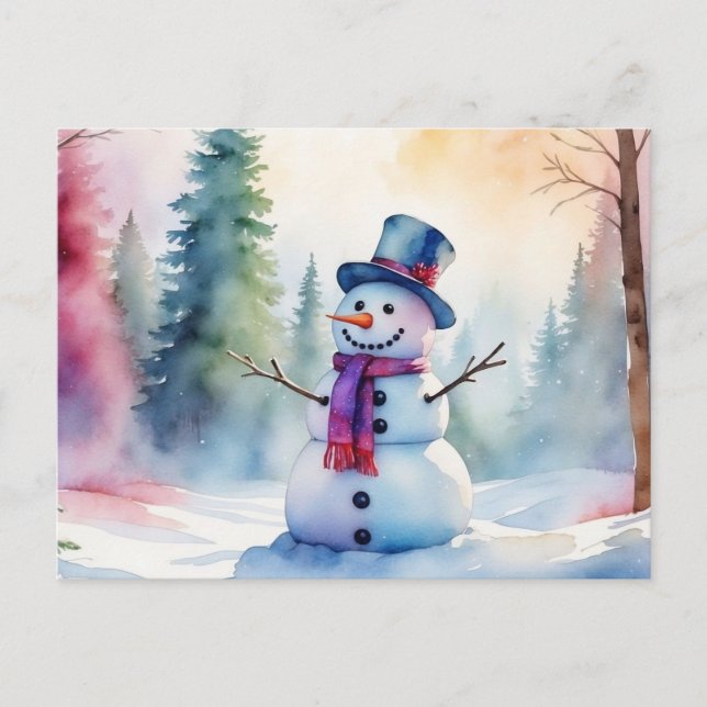 Cartes Pour Fêtes Annuelles Aquarelle de Noël Snowman et forêt d'hiver (Devant)