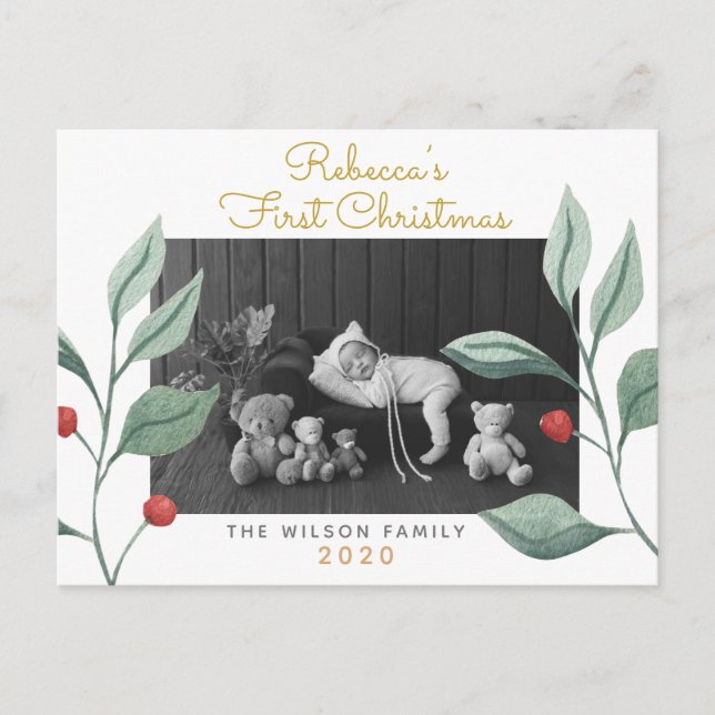 Cartes Pour Fêtes Annuelles Aquarelle de Noël Verdure & Berry (Devant)