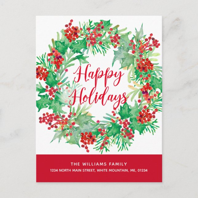 Cartes Pour Fêtes Annuelles Aquarelle de Noël Wreath Red Script Moving (Devant)