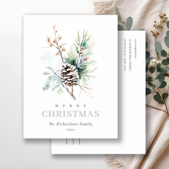 Cartes Pour Fêtes Annuelles Aquarelle de pin cône d'hiver Berry Noël (Créateur téléchargé)