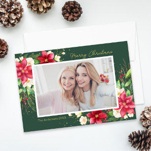 Cartes Pour Fêtes Annuelles Aquarelle de Poinsettia Floral Green Photo