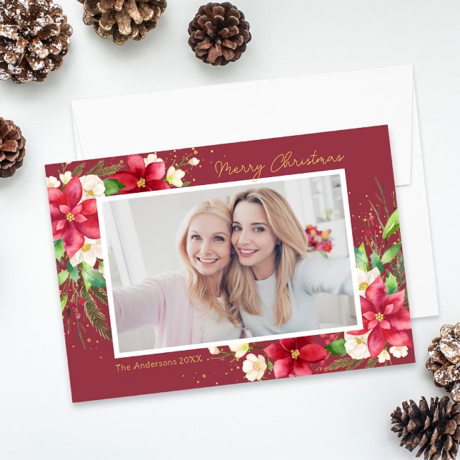 Cartes Pour Fêtes Annuelles Aquarelle de Poinsettia Floral Photo rouge (Créateur téléchargé)