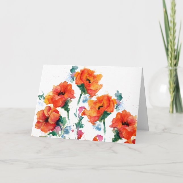 Cartes Pour Fêtes Annuelles Aquarelle de trois coquelicots à long tige rouge (Devant)