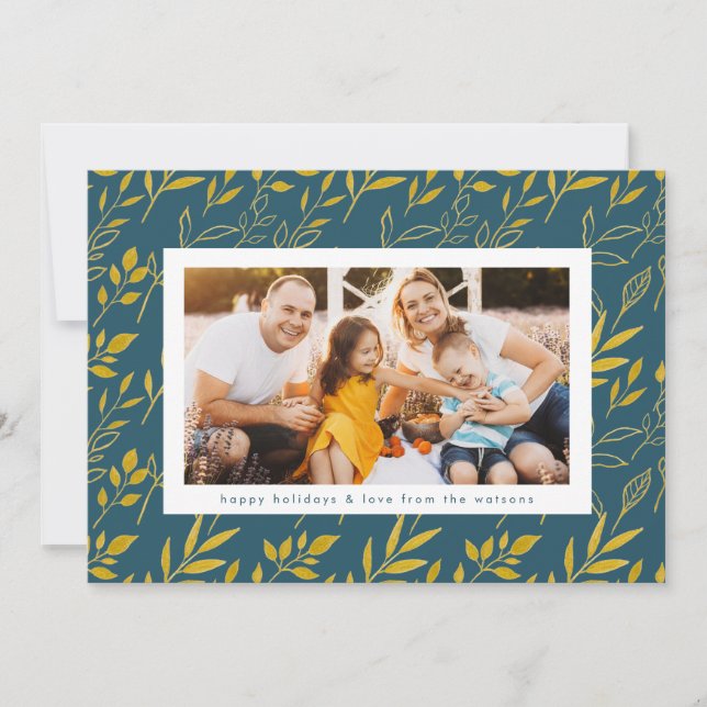 Cartes Pour Fêtes Annuelles Aquarelle d'or moderne Feuilles photo Noël (Devant)
