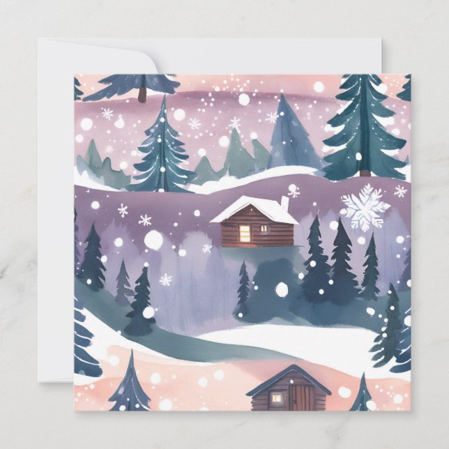 Cartes Pour Fêtes Annuelles Aquarelle du Cabine de montagne neige (Devant)