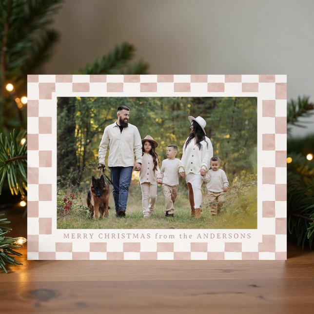 Cartes Pour Fêtes Annuelles Aquarelle Dusty Rose En vichy photo de Noël (Créateur téléchargé)