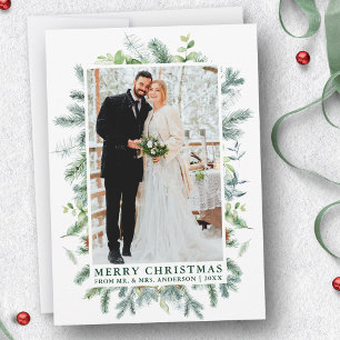 Cartes Pour Fêtes Annuelles Aquarelle Elegant Pine Frame Mariage Photo Vert