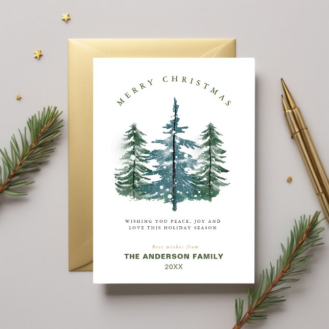 Cartes Pour Fêtes Annuelles Aquarelle Elégante Forêt Pin Arbre Noël (Watercolor Elegant Forest Pine Tree Christmas Holiday Card)