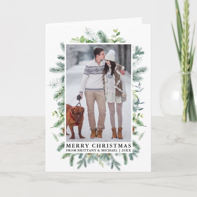 Cartes Pour Fêtes Annuelles Aquarelle Elégante Frame de pin Couple Photo Plier (Devant)