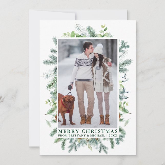 Cartes Pour Fêtes Annuelles Aquarelle Elégante Frame de pin Couple Photo Vert (Devant)