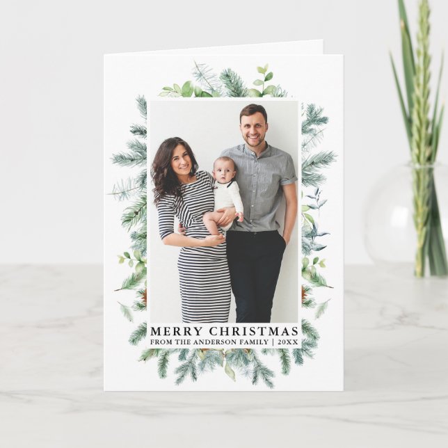 Cartes Pour Fêtes Annuelles Aquarelle Elégante Frame de pin Famille Photo Plie (Devant)