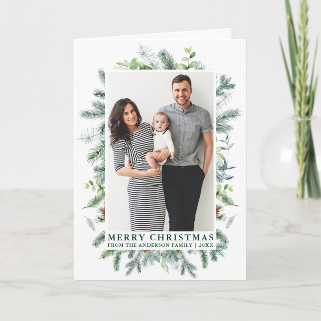 Cartes Pour Fêtes Annuelles Aquarelle Elégante Frame de pin Famille Plier Vert (Devant)