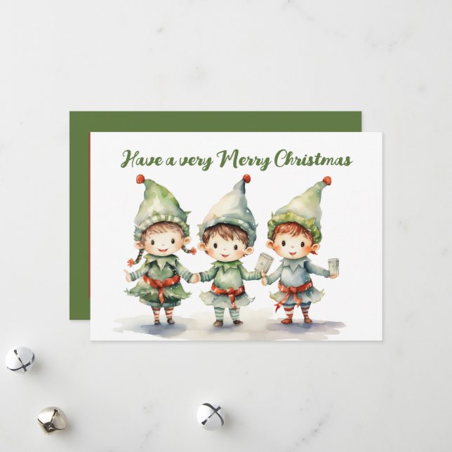 Cartes Pour Fêtes Annuelles Aquarelle elfe de Noël ajouter le texte (Devant/Arrière en situation)