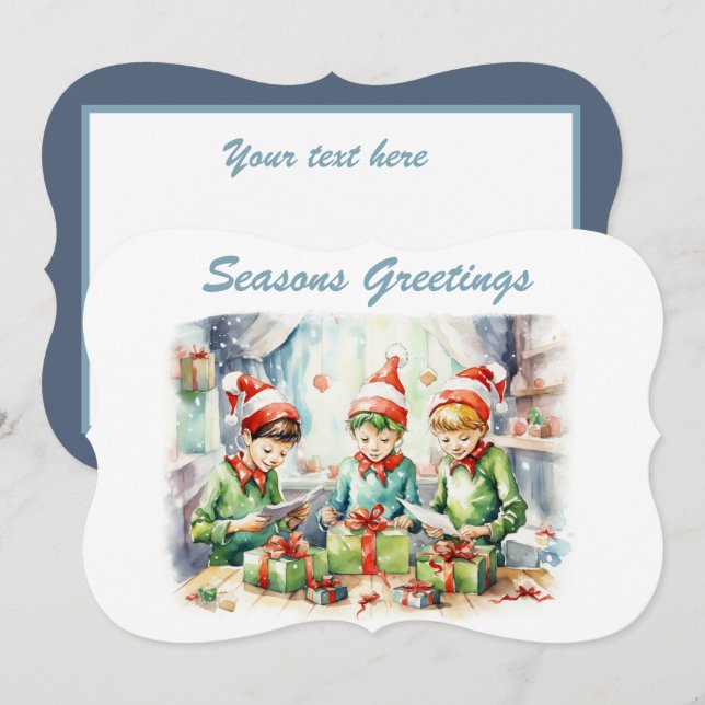 Cartes Pour Fêtes Annuelles aquarelle elfe de Noël envelopper cadeaux ajouter  (Devant / Derrière)